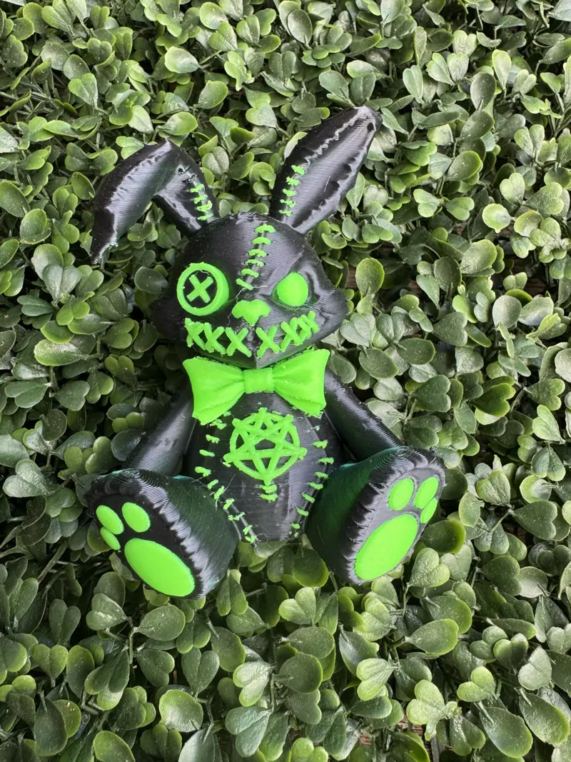 Stitched bunny, Two-colour silk print with neon-green stitching and paws